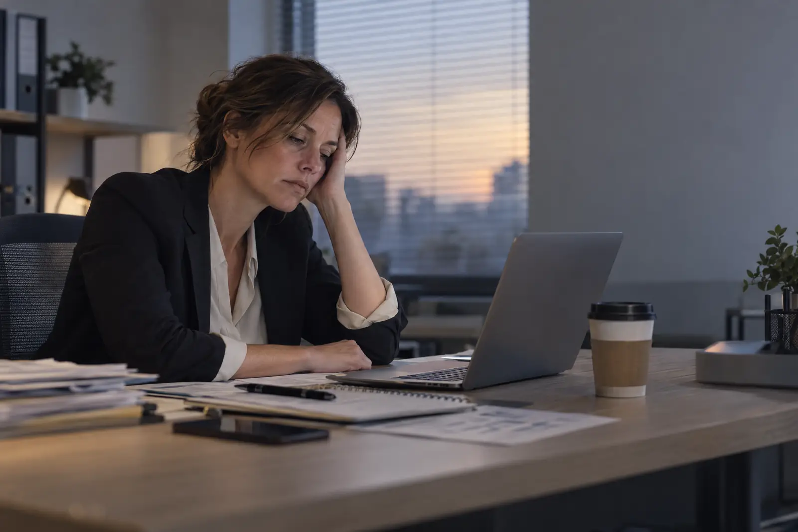 Personne fatiguée à son bureau en fin de journée