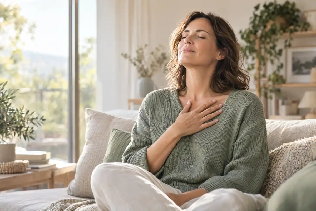 Femme apaisée respirant près d'une fenêtre