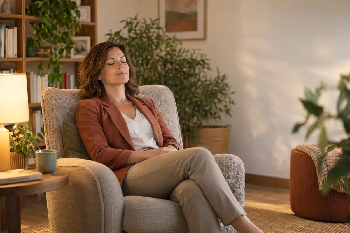 Personne apaisée dans un fauteuil de cabinet, les yeux fermés